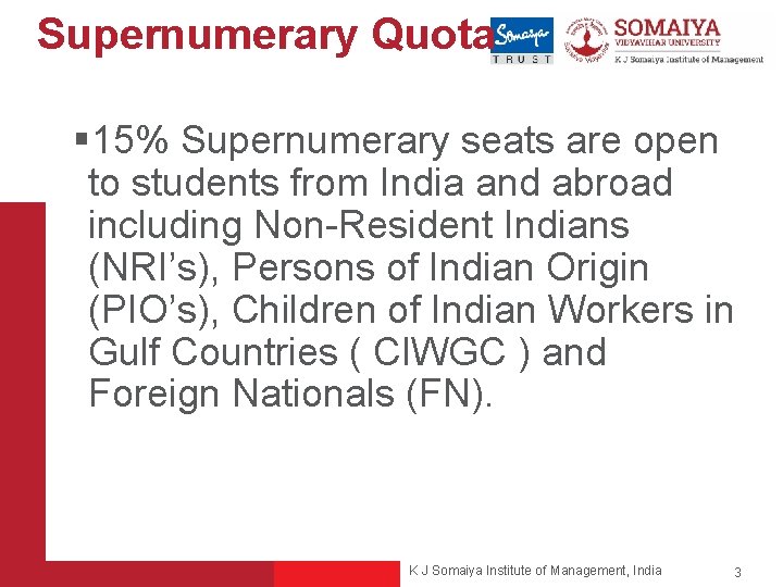 Supernumerary Quota § 15% Supernumerary seats are open to students from India and abroad