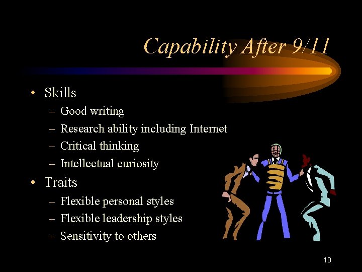 Capability After 9/11 • Skills – – Good writing Research ability including Internet Critical