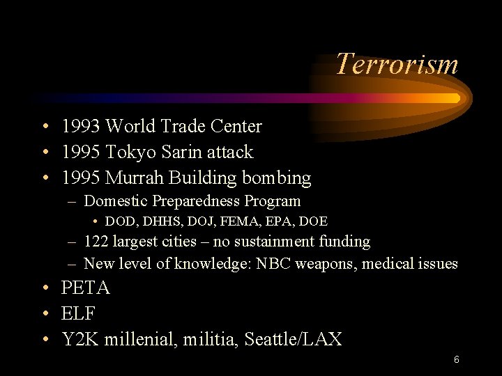 Terrorism • 1993 World Trade Center • 1995 Tokyo Sarin attack • 1995 Murrah