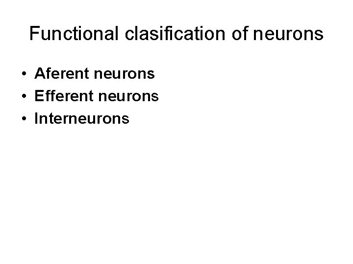 Functional clasification of neurons • Aferent neurons • Efferent neurons • Interneurons 