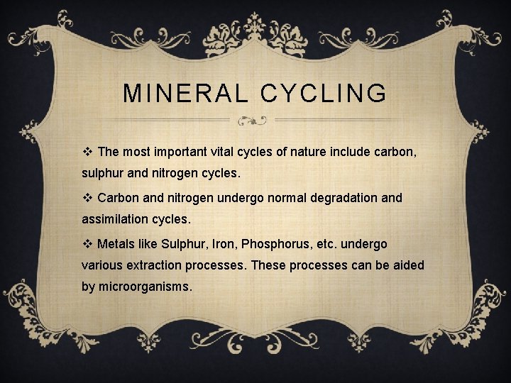 MINERAL CYCLING v The most important vital cycles of nature include carbon, sulphur and