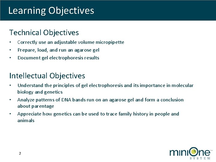 Learning Objectives Technical Objectives • • • Correctly use an adjustable volume micropipette Prepare,