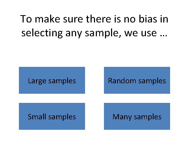 To make sure there is no bias in selecting any sample, we use …