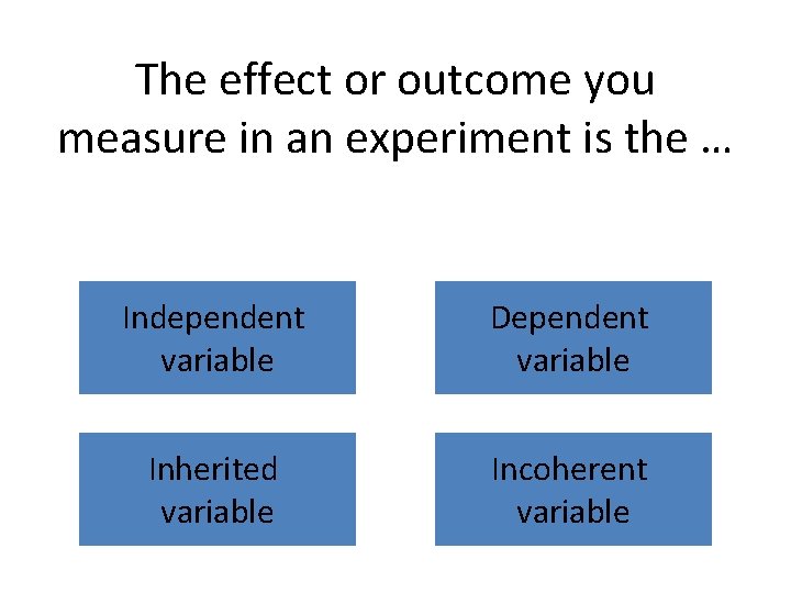 The effect or outcome you measure in an experiment is the … Independent variable