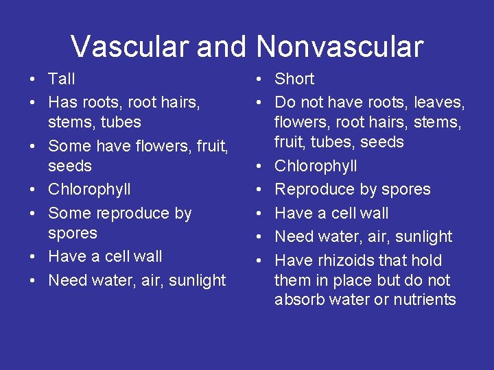 Vascular and Nonvascular • Tall • Has roots, root hairs, stems, tubes • Some