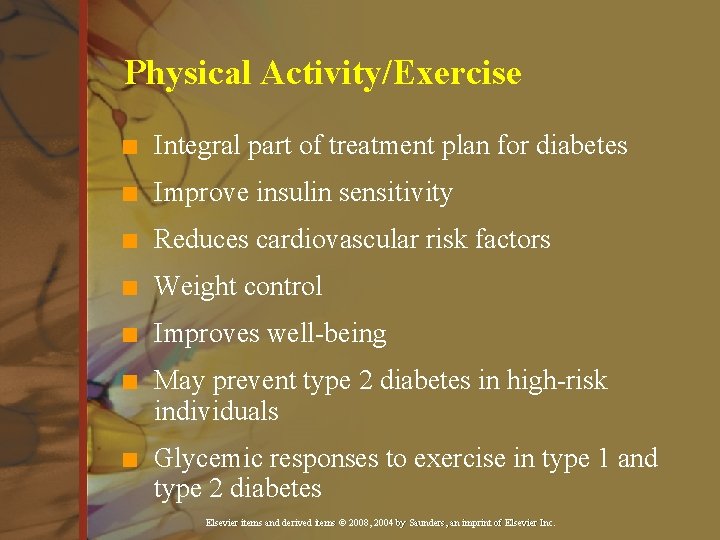 Physical Activity/Exercise n Integral part of treatment plan for diabetes n Improve insulin sensitivity Physical Activity/Exercise n Integral part of treatment plan for diabetes n Improve insulin sensitivity