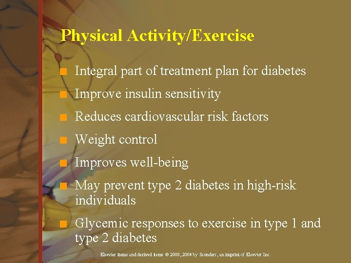 Physical Activity/Exercise n Integral part of treatment plan for diabetes n Improve insulin sensitivity