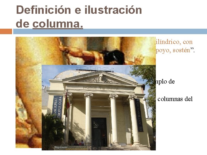 Definición e ilustración de columna. La definición de columna por Larousse: “Pilar cilíndrico, con