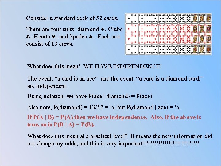 Consider a standard deck of 52 cards. There are four suits: diamond , Clubs