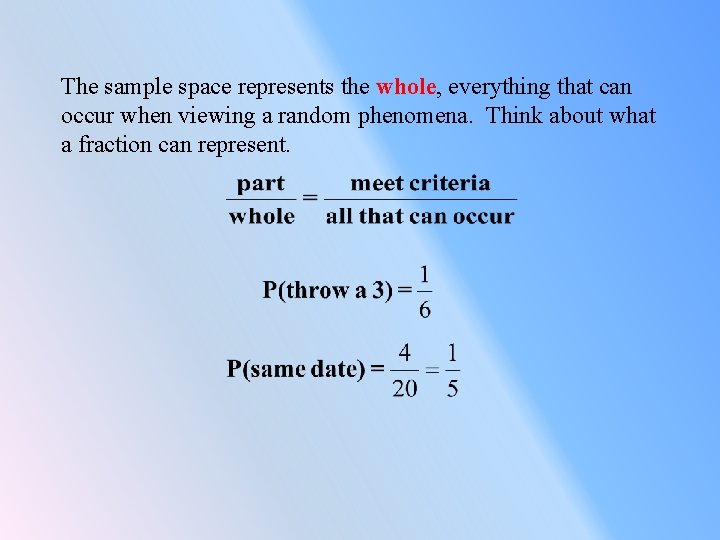 The sample space represents the whole, everything that can occur when viewing a random