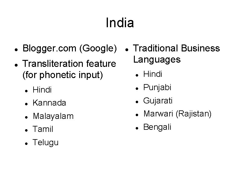 India Blogger. com (Google) Transliteration feature (for phonetic input) Traditional Business Languages Hindi Punjabi