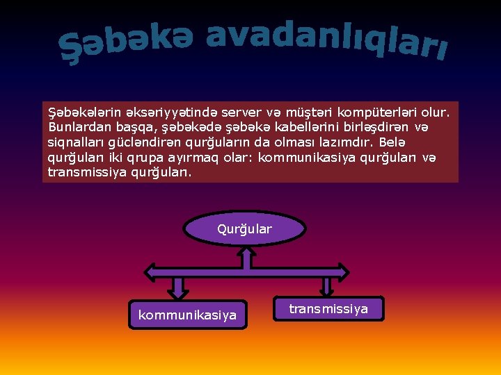 Şəbəkələrin əksəriyyətində server və müştəri kompüterləri olur. Bunlardan başqa, şəbəkədə şəbəkə kabellərini birləşdirən və