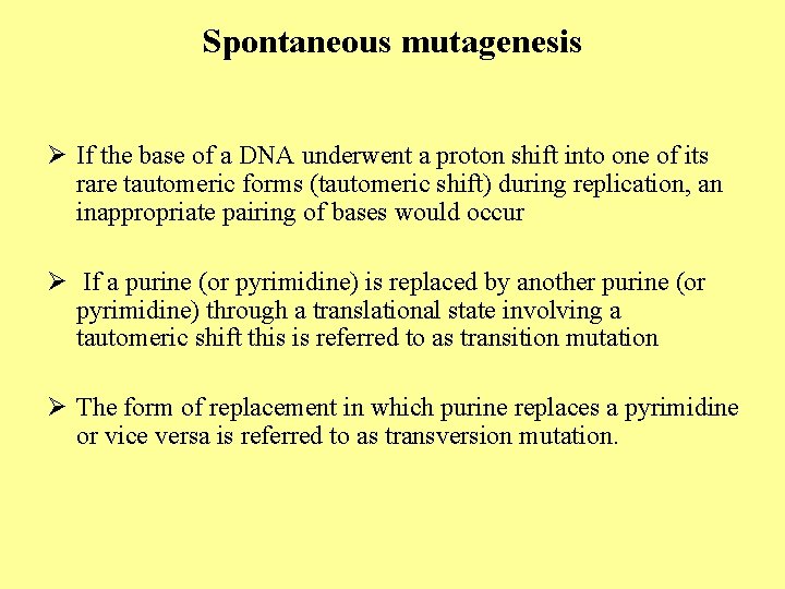 Spontaneous mutagenesis Ø If the base of a DNA underwent a proton shift into