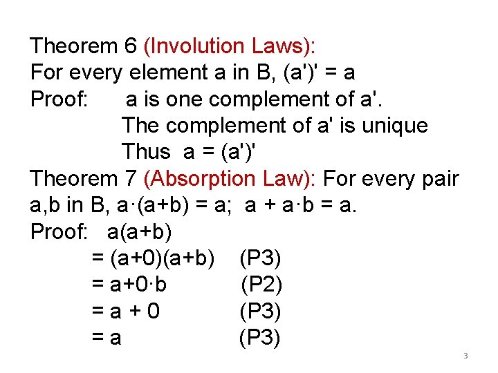 Theorem 6 (Involution Laws): For every element a in B, (a')' = a Proof: