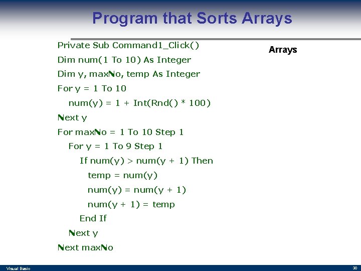 Program that Sorts Arrays Private Sub Command 1_Click() Dim num(1 To 10) As Integer
