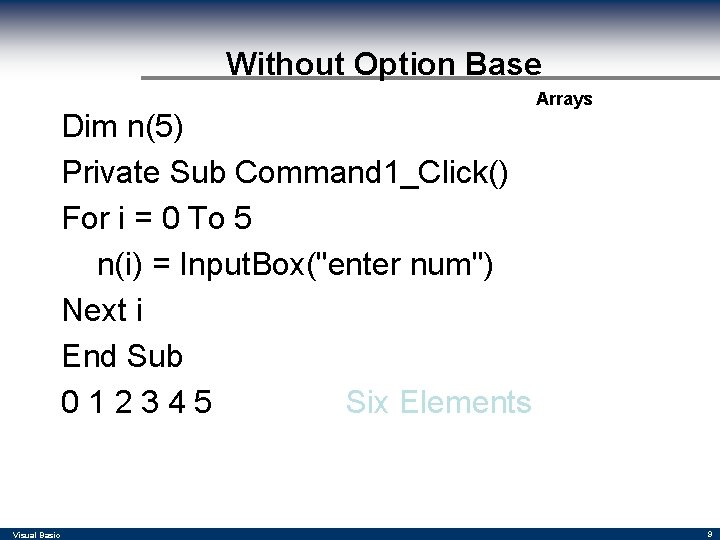 Without Option Base Dim n(5) Private Sub Command 1_Click() For i = 0 To