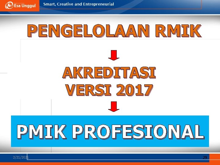 PENGELOLAAN RMIK AKREDITASI VERSI 2017 PMIK PROFESIONAL 2/21/2021 29 