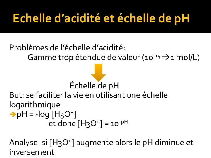 Echelle d’acidité et échelle de p. H Problèmes de l’échelle d’acidité: Gamme trop étendue