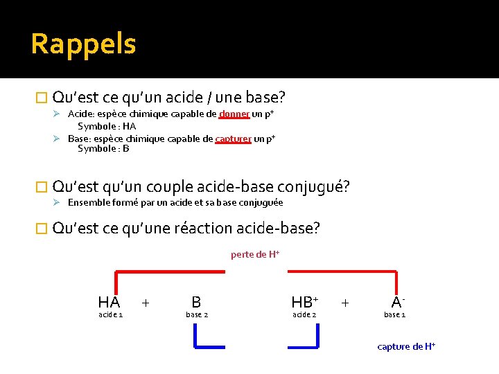 Rappels � Qu’est ce qu’un acide / une base? Ø Acide: espèce chimique capable