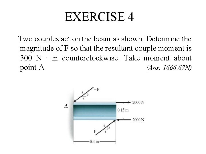 EXERCISE 4 Two couples act on the beam as shown. Determine the magnitude of