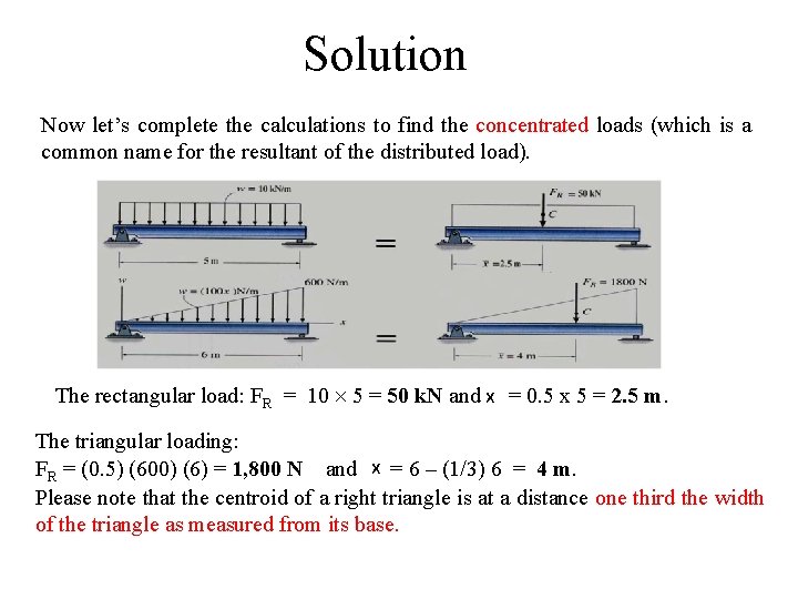 Solution Now let’s complete the calculations to find the concentrated loads (which is a