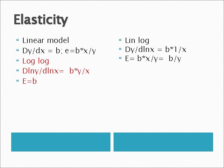 Elasticity Linear model Dy/dx = b; e=b*x/y Log log Dlny/dlnx= b*y/x E=b Lin log Elasticity Linear model Dy/dx = b; e=b*x/y Log log Dlny/dlnx= b*y/x E=b Lin log