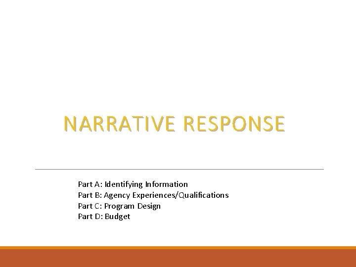 NARRATIVE RESPONSE Part A: Identifying Information Part B: Agency Experiences/Qualifications Part C: Program Design