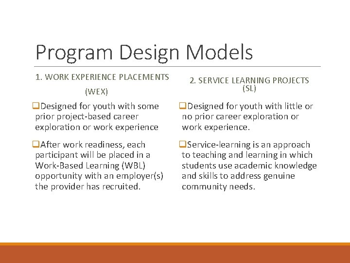 Program Design Models 1. WORK EXPERIENCE PLACEMENTS (WEX) 2. SERVICE LEARNING PROJECTS (SL) q.