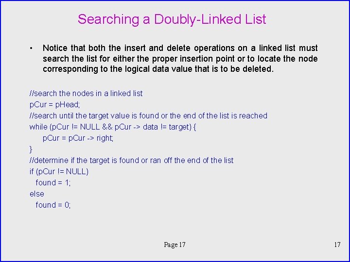 Searching a Doubly-Linked List • Notice that both the insert and delete operations on