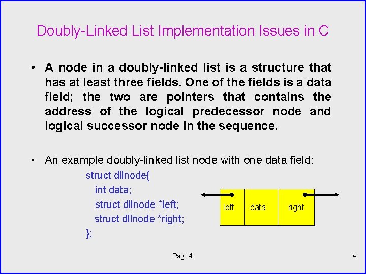 Doubly-Linked List Implementation Issues in C • A node in a doubly-linked list is