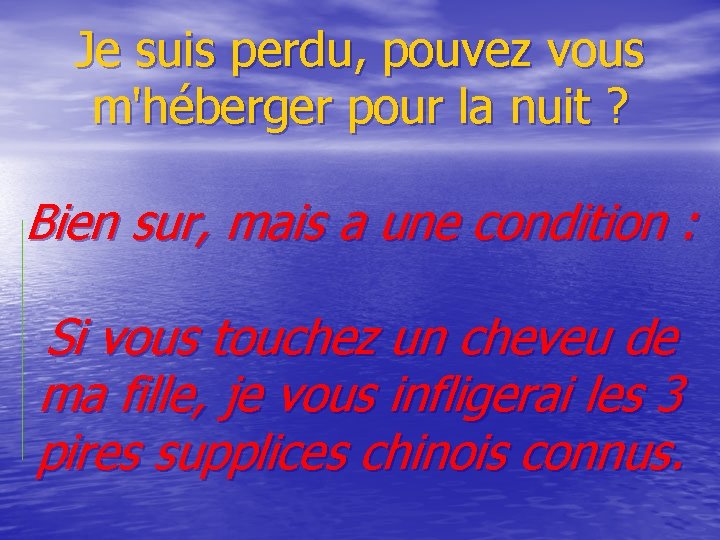 Je suis perdu, pouvez vous m'héberger pour la nuit ? Bien sur, mais a