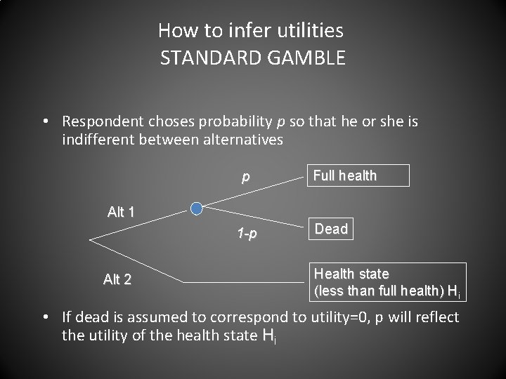 How to infer utilities STANDARD GAMBLE • Respondent choses probability p so that he