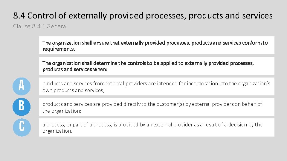 8. 4 Control of externally provided processes, products and services Clause 8. 4. 1 8. 4 Control of externally provided processes, products and services Clause 8. 4. 1