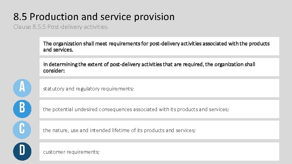 8. 5 Production and service provision Clause 8. 5. 5 Post-delivery activities The organization 8. 5 Production and service provision Clause 8. 5. 5 Post-delivery activities The organization