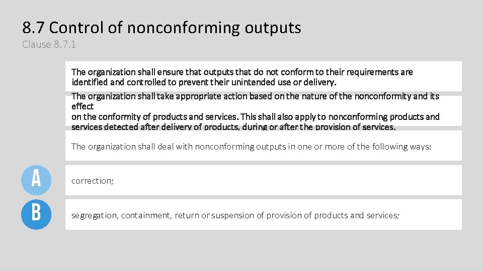 8. 7 Control of nonconforming outputs Clause 8. 7. 1 The organization shall ensure 8. 7 Control of nonconforming outputs Clause 8. 7. 1 The organization shall ensure