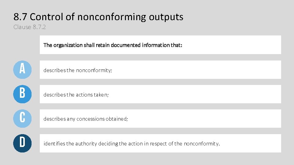 8. 7 Control of nonconforming outputs Clause 8. 7. 2 The organization shall retain 8. 7 Control of nonconforming outputs Clause 8. 7. 2 The organization shall retain