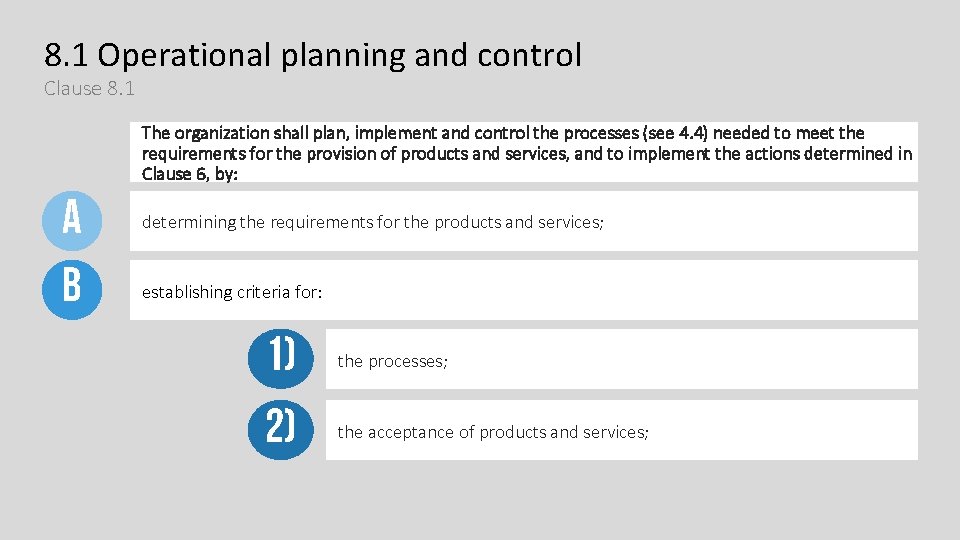 8. 1 Operational planning and control Clause 8. 1 The organization shall plan, implement 8. 1 Operational planning and control Clause 8. 1 The organization shall plan, implement