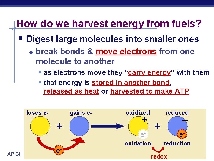 How do we harvest energy from fuels? § Digest large molecules into smaller ones