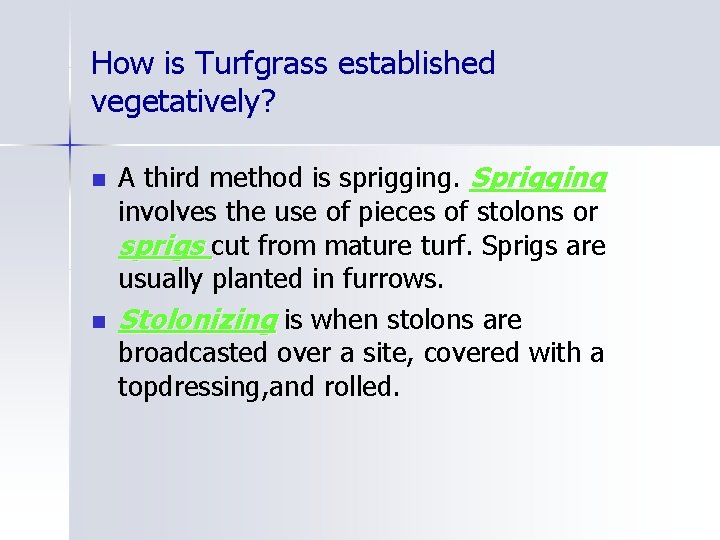 How is Turfgrass established vegetatively? n n A third method is sprigging. Sprigging involves