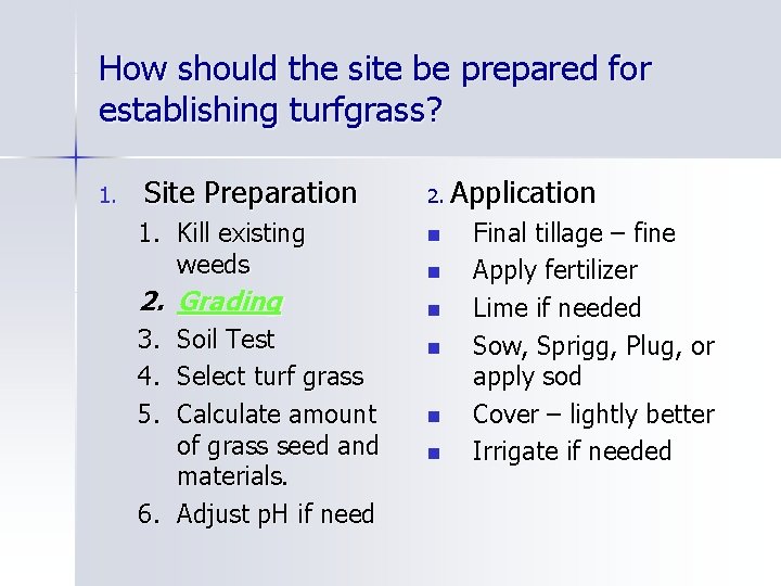 How should the site be prepared for establishing turfgrass? 1. Site Preparation 1. Kill