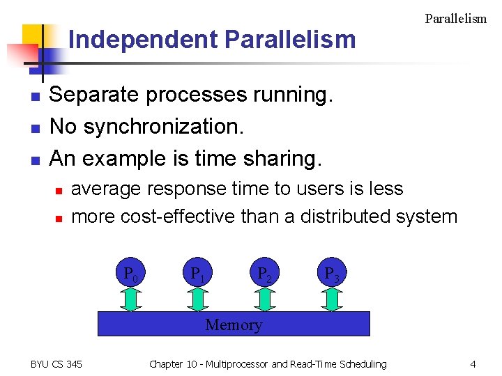 Independent Parallelism n n n Parallelism Separate processes running. No synchronization. An example is