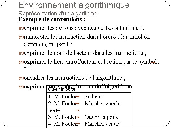 Environnement algorithmique Représentation d'un algorithme Exemple de conventions : exprimer les actions avec des