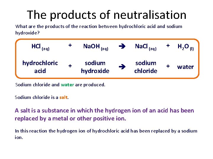 The products of neutralisation What are the products of the reaction between hydrochloric acid