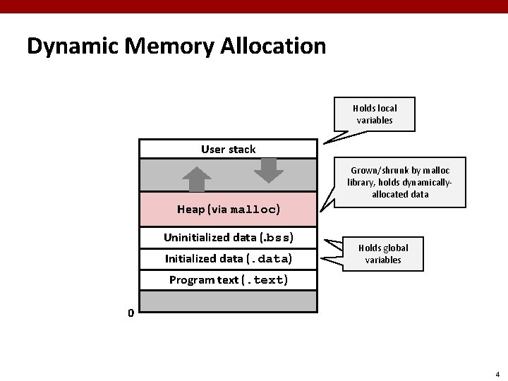 Dynamic Memory Allocation Holds local variables User stack Grown/shrunk by malloc library, holds dynamicallyallocated