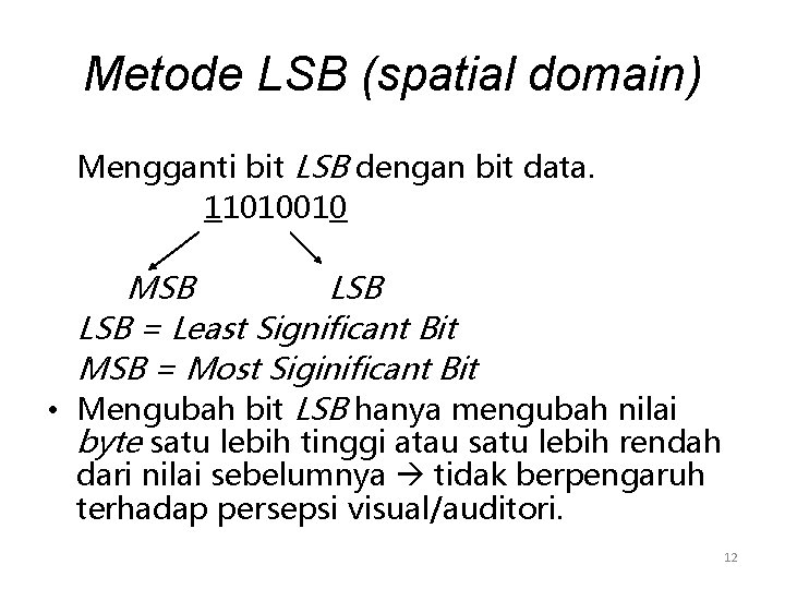 Metode LSB (spatial domain) Mengganti bit LSB dengan bit data. 11010010 MSB LSB =