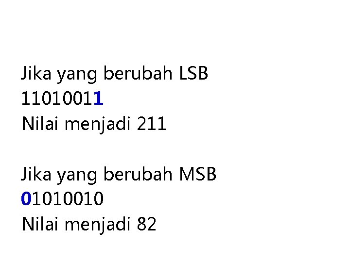 Jika yang berubah LSB 11010011 Nilai menjadi 211 Jika yang berubah MSB 01010010 Nilai