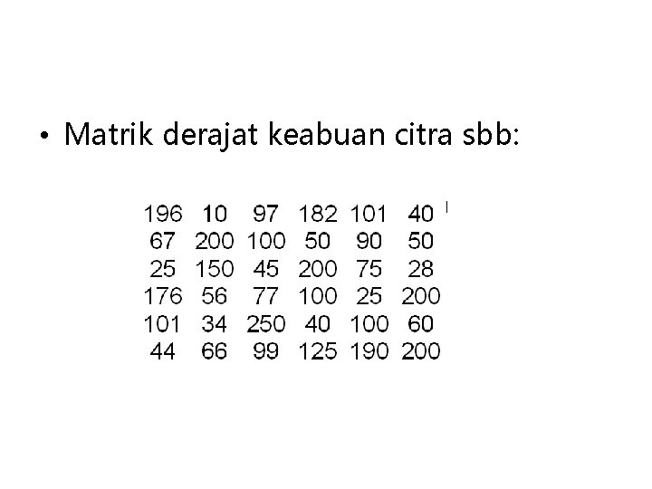  • Matrik derajat keabuan citra sbb: 