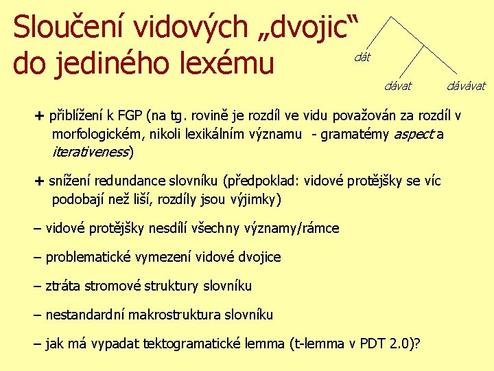 Sloučení vidových „dvojic“ do jediného lexému dát dávat dávávat + přiblížení k FGP (na