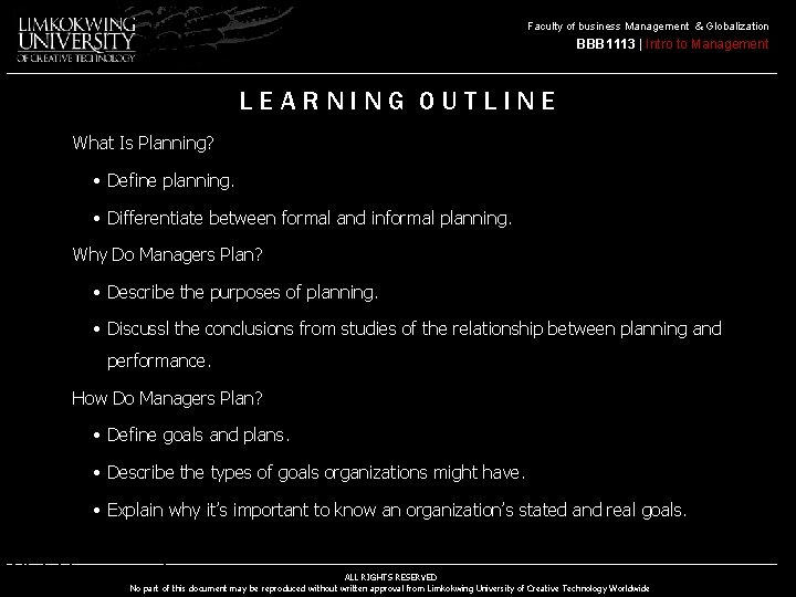 Faculty of business Management & Globalization BBB 1113 | Intro to Management LEARNING OUTLINE