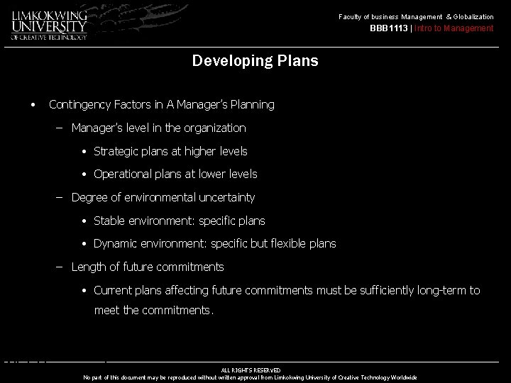 Faculty of business Management & Globalization BBB 1113 | Intro to Management Developing Plans